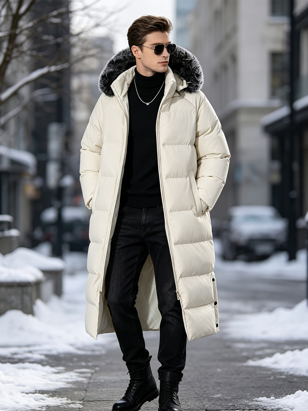 Manteau matelassé long pour homme, à capuche
