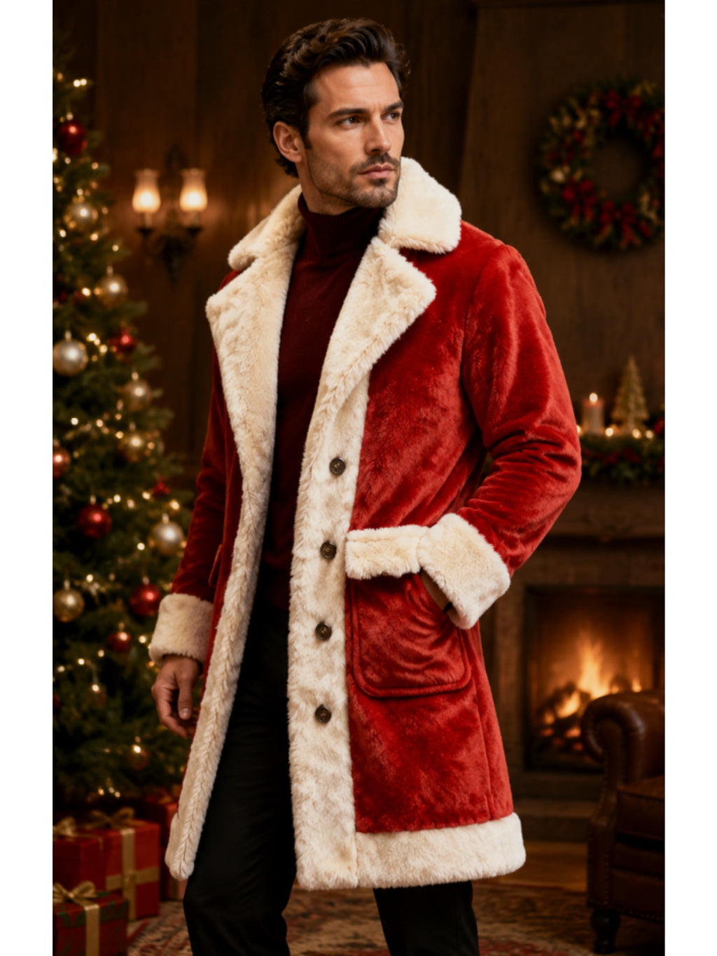 Manteau en fausse fourrure mi-long pour homme, à revers