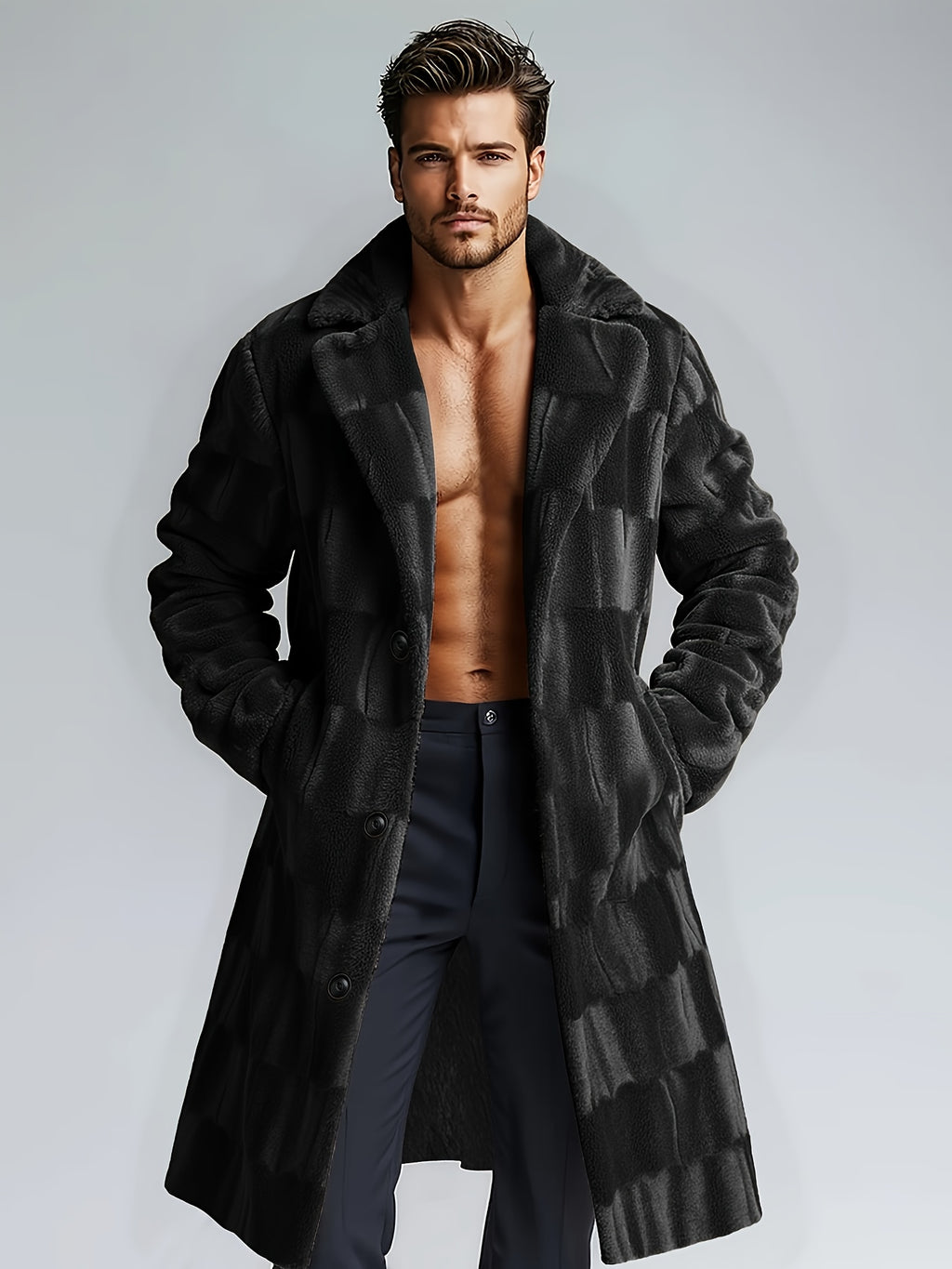 Veste pour homme, polaire, à revers, plaid café