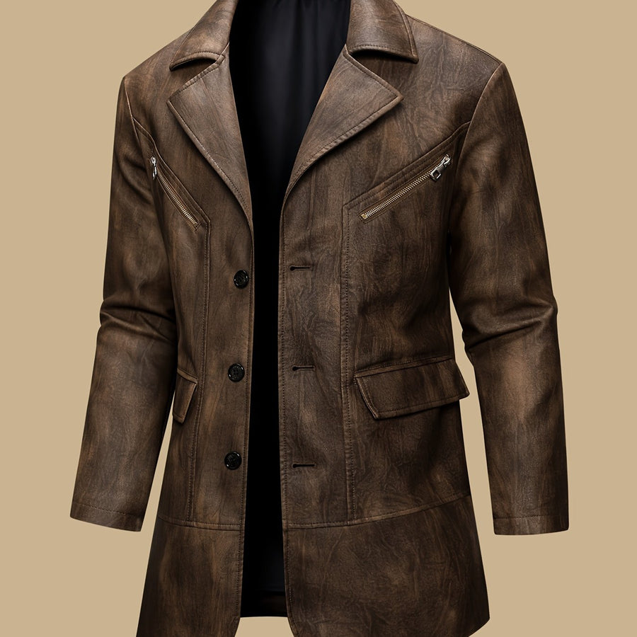 Manteau en cuir PU long, à revers, coloris marron foncé
