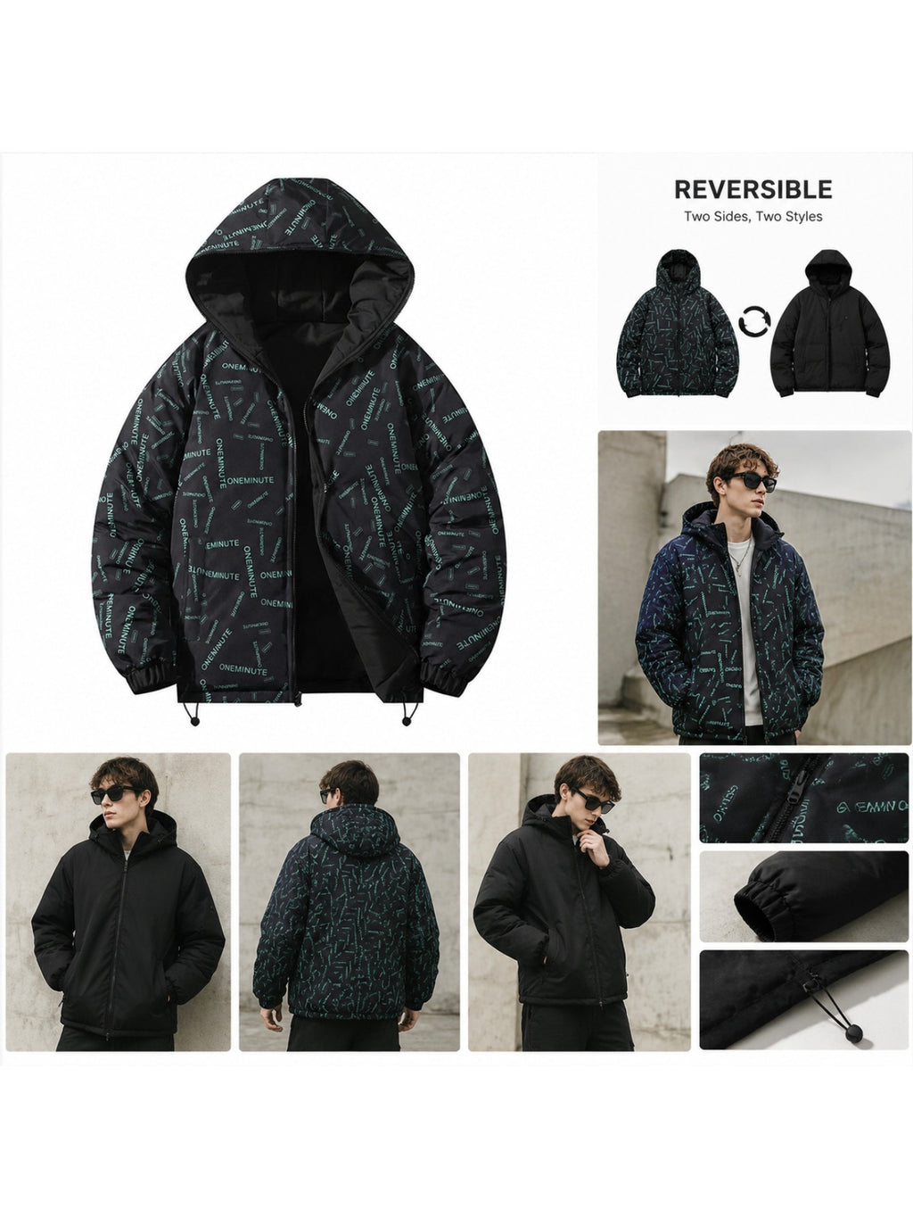 Veste matelassée pour homme, réversible, à capuche