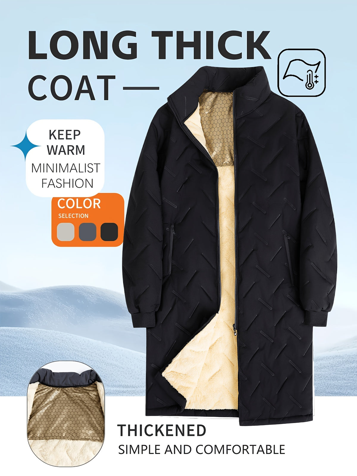 Veste long pour homme, à col montant, noir