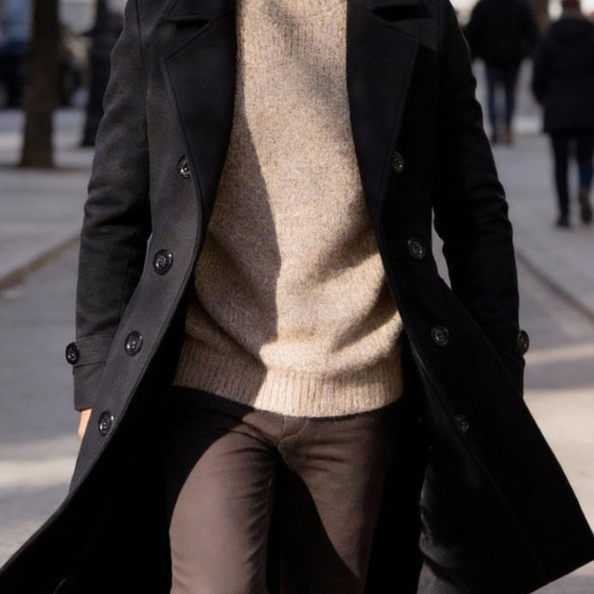 Manteau long, tweed, à revers, gris foncé, coloris noir Image