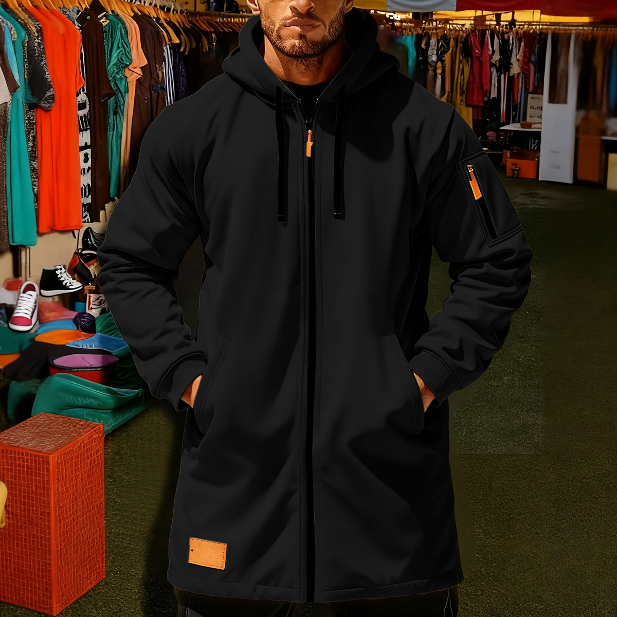 Veste long pour homme, à capuche, noir