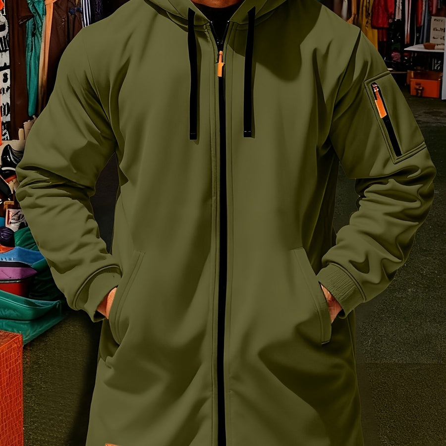Veste long, à capuche, noir, coloris vert fougère