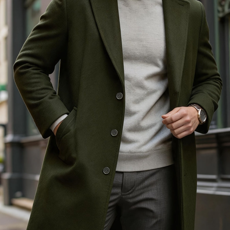 Manteau, à revers, détails bouton, coloris vert fougère