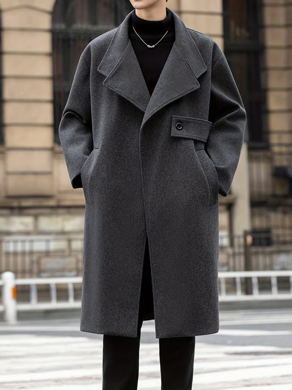 Trench mi-long pour homme, à revers, noir