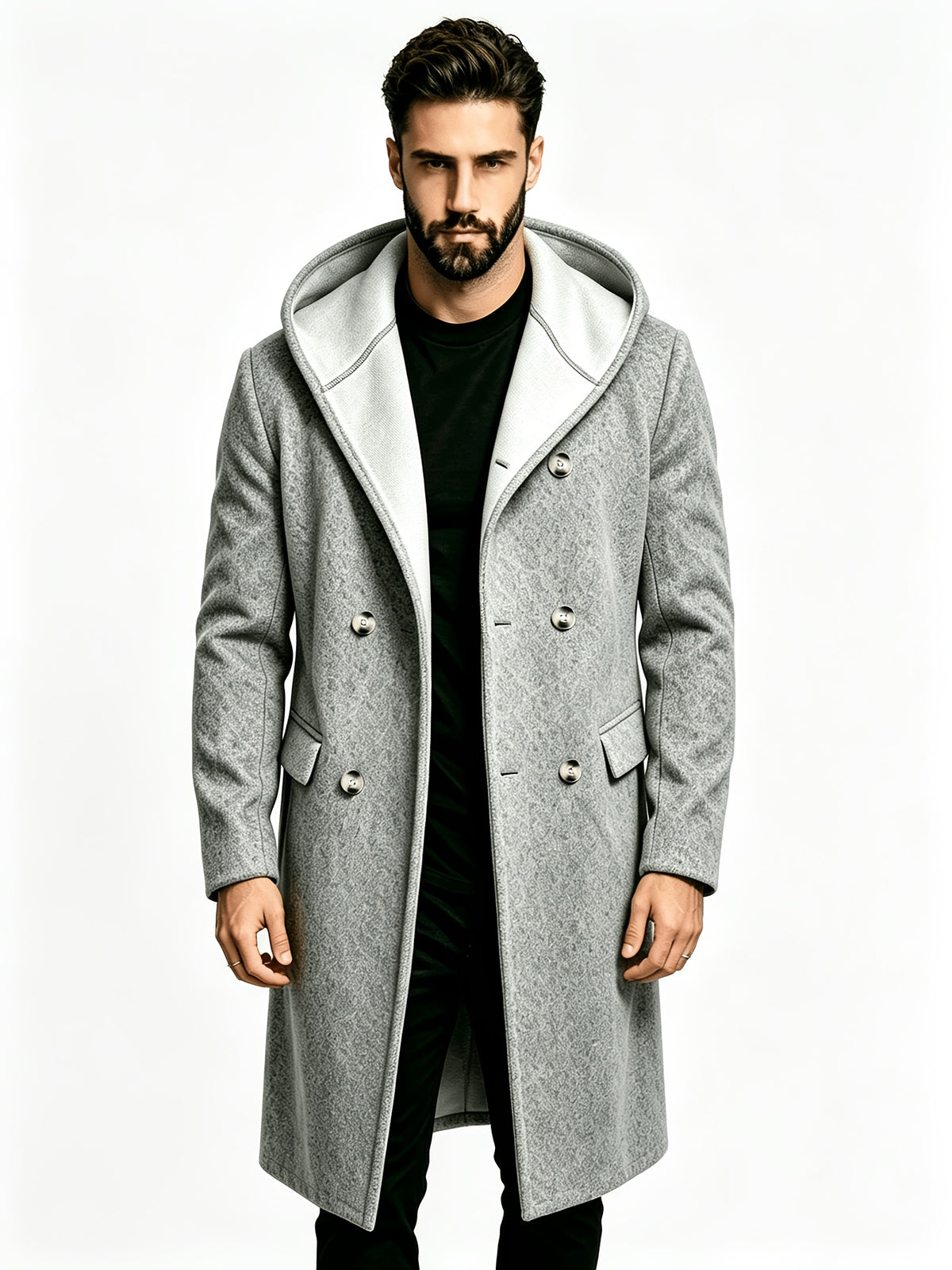 Manteau mi-long pour homme, tweed, à capuche
