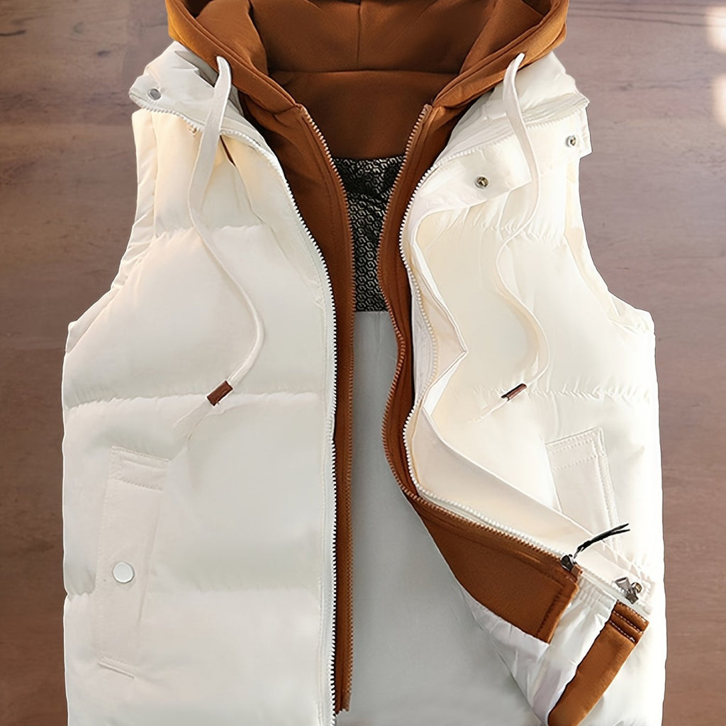 Gilet d'hiver chaud, design tendance sans manches aspect 2-en-1, capuche à cordon de serrage réglable, fermeture avant double ouverture par boutons-pression et fermeture éclair, poche de rangement pratique à insertion latérale, détails de bordu, coloris beige, détail