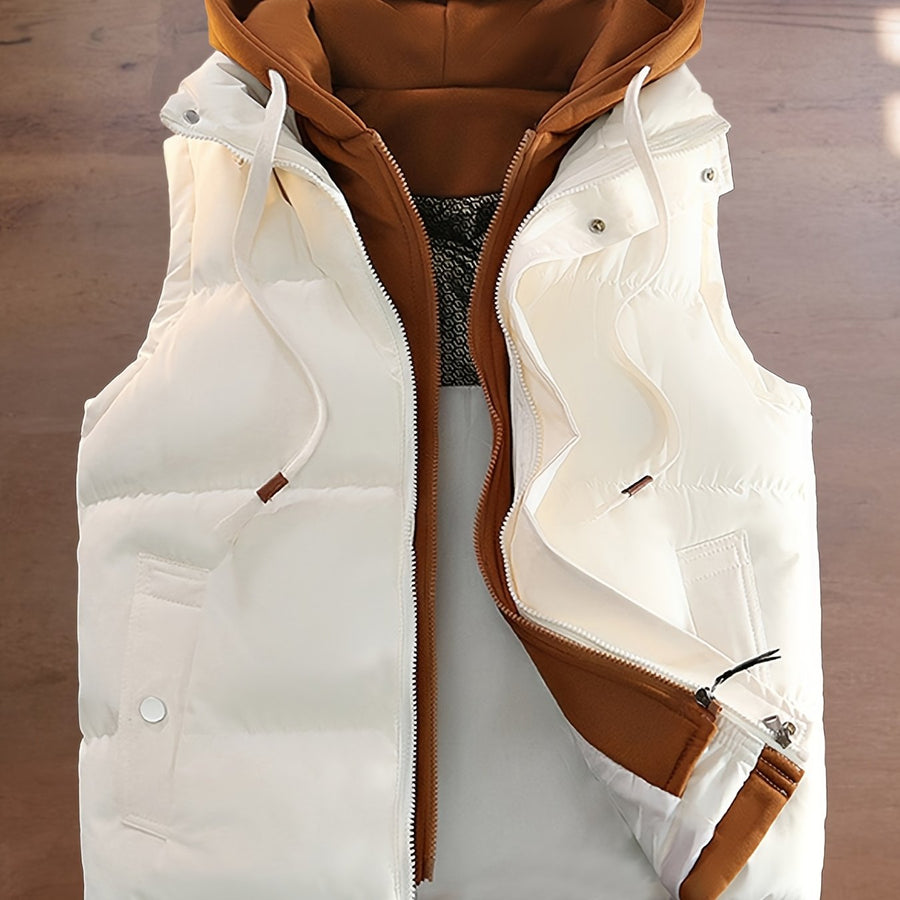 Gilet d'hiver chaud, design tendance sans manches aspect 2-en-1, capuche à cordon de serrage réglable, fermeture avant double ouverture par boutons-pression et fermeture éclair, poche de rangement pratique à insertion latérale, détails de bordu, coloris beige, détail