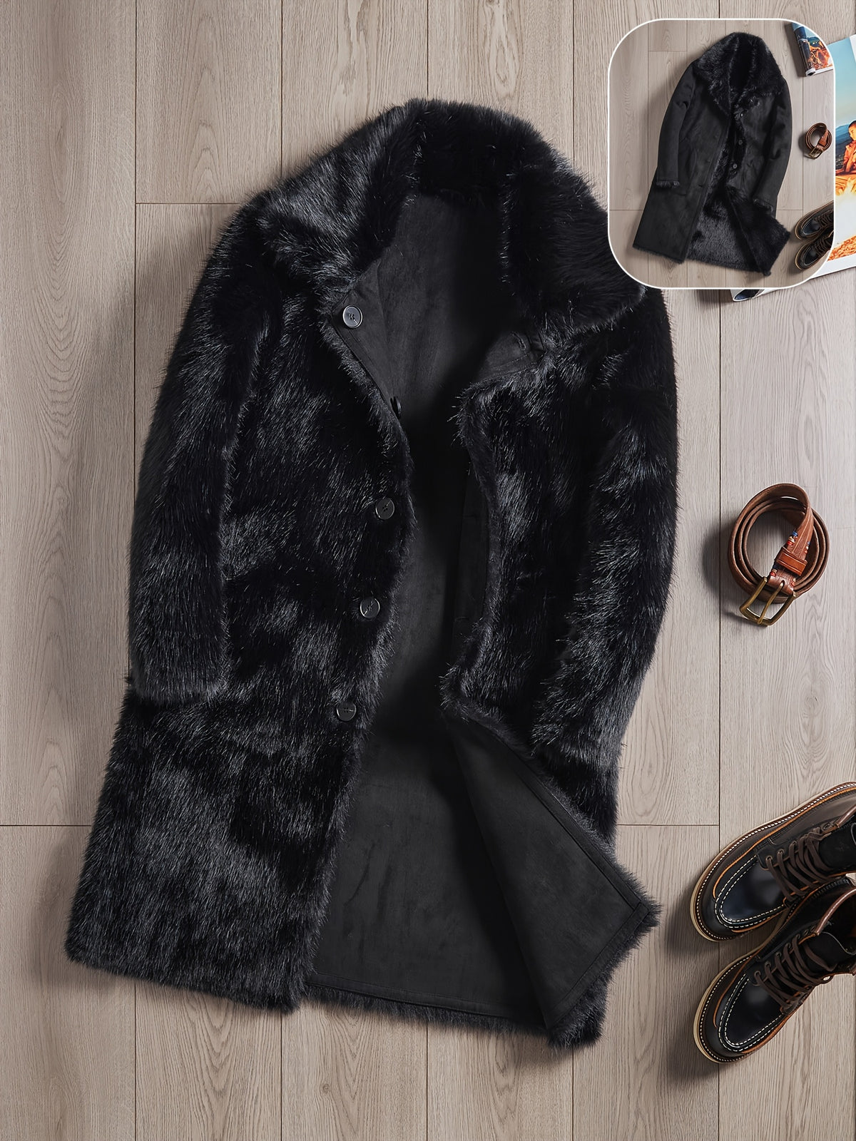 Manteau en fausse fourrure long pour homme, à revers