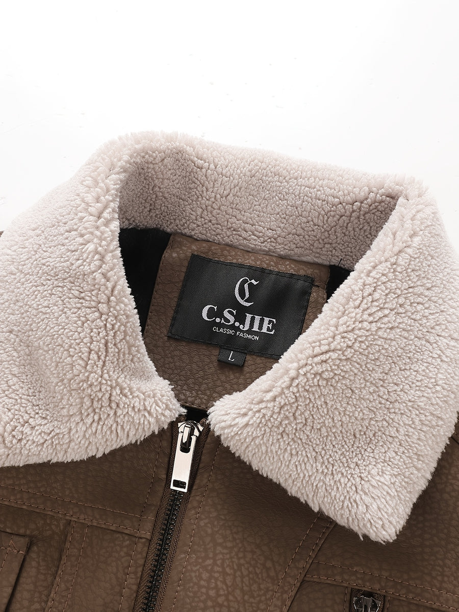 Veste de moto en PU pelucheux avec doublure à revers, doublure épaisse et chaude, tissu à texture vintage, multiples poches à fermeture éclair, coupe slim courte, tenue décontractée américaine pour la conduite et les trajets automne/hiver, vête, détail du vêtement