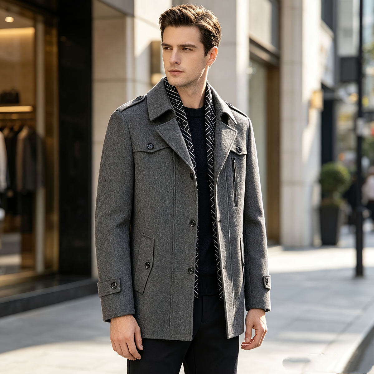 Manteau trench en tweed pour homme, 30 % laine, col écharpe détachable