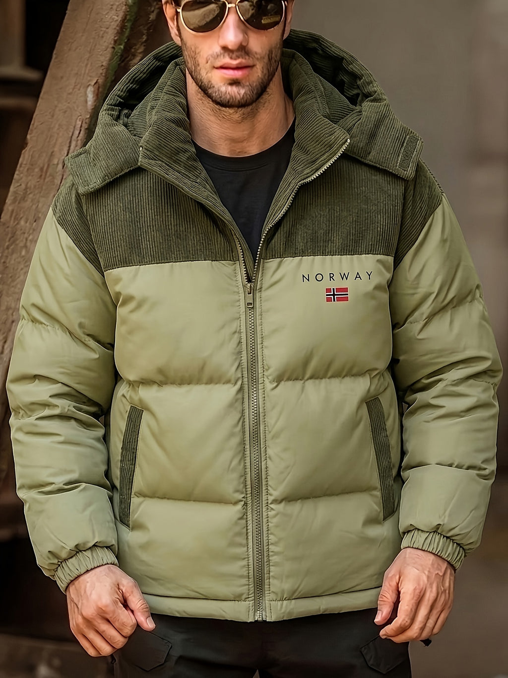 Manteau matelassé pour homme, à capuche, vert