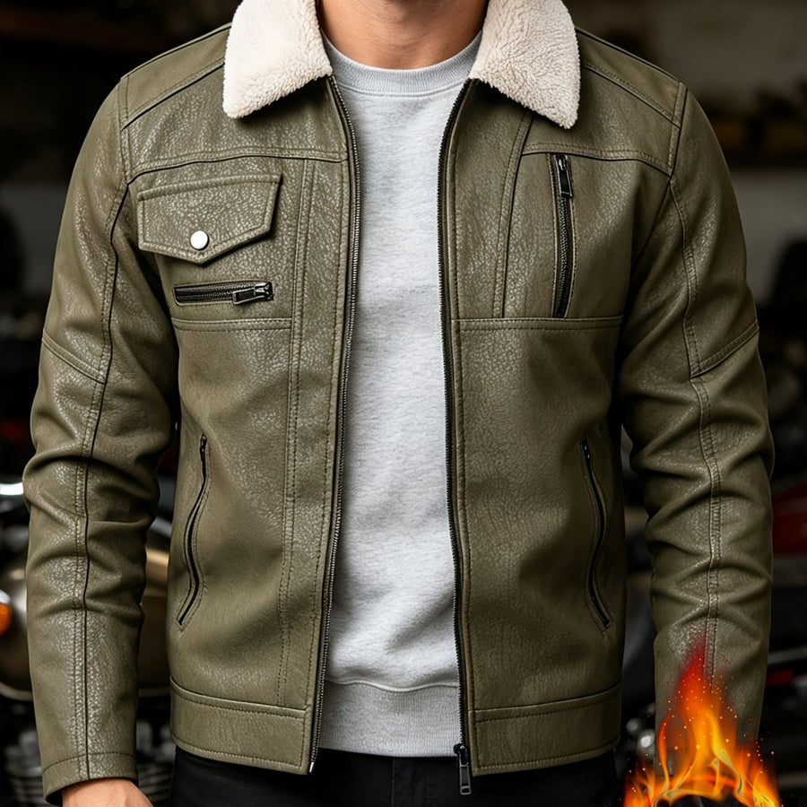 Veste de moto en PU pelucheux avec doublure à revers, doublure épaisse et chaude, tissu à texture vintage, multiples poches à fermeture éclair, coupe slim courte, tenue décontractée américaine pour la conduite et les trajets automne/hiver, vête, coloris vert fougère