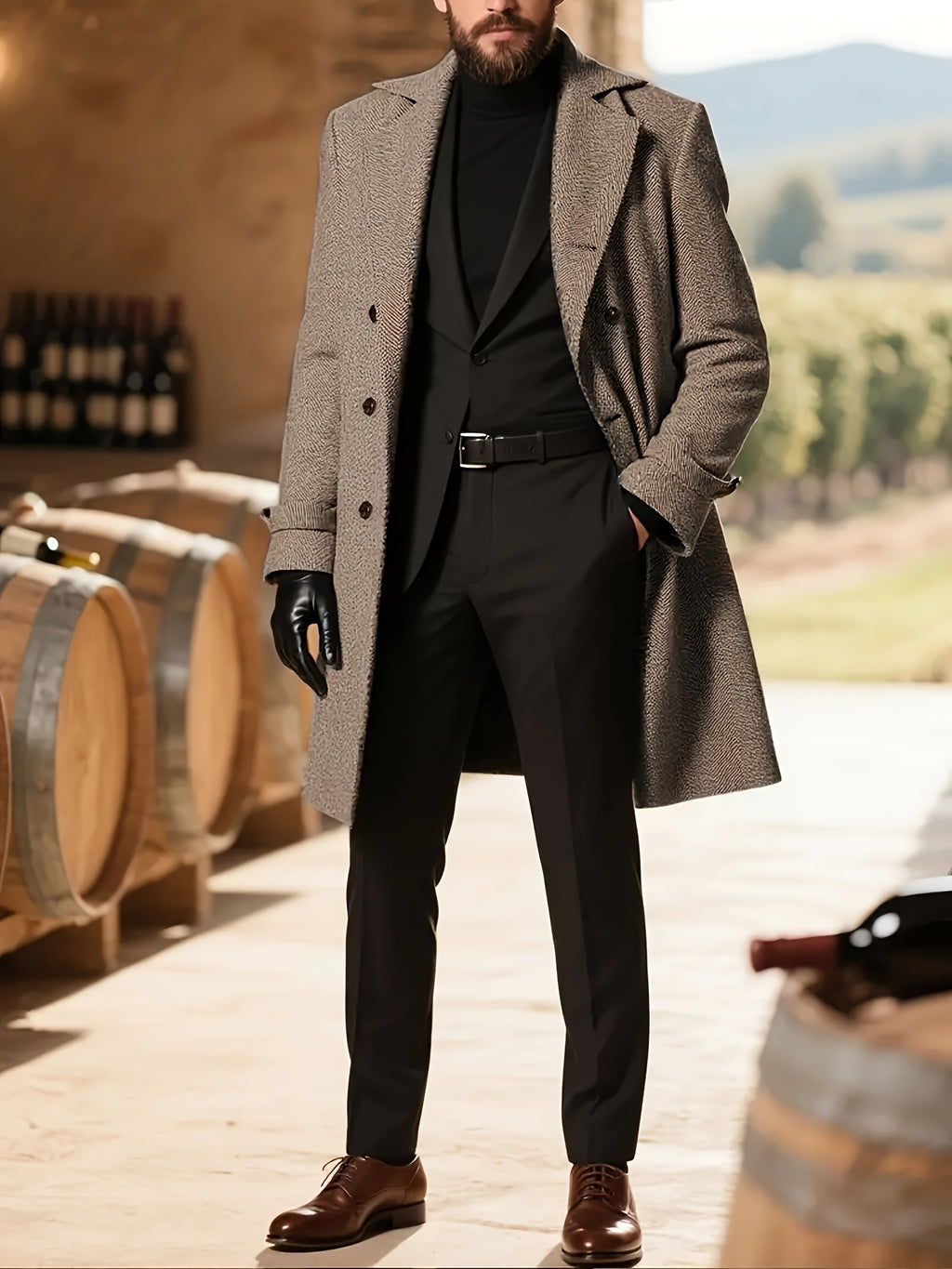 Manteau long pour homme, à revers, gris