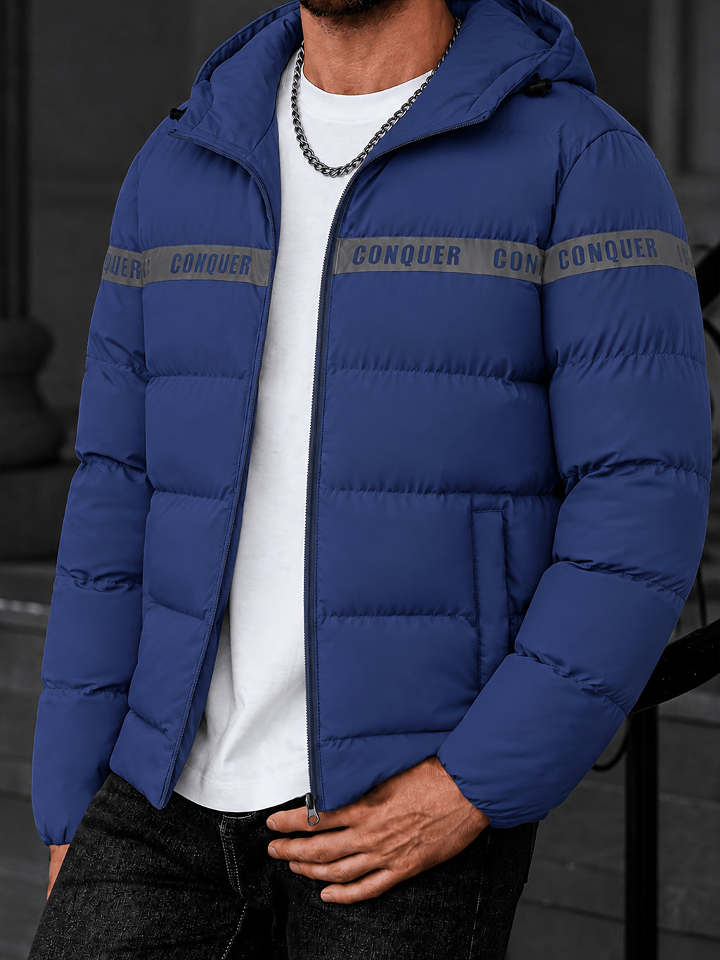 Manteau matelassé pour homme, à capuche, bleu foncé