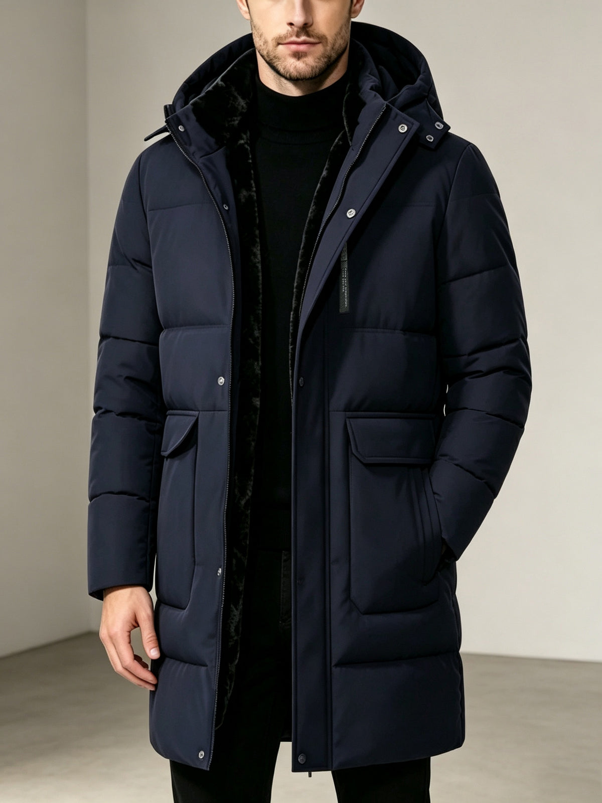 Pardessus matelassé long pour homme, à capuche