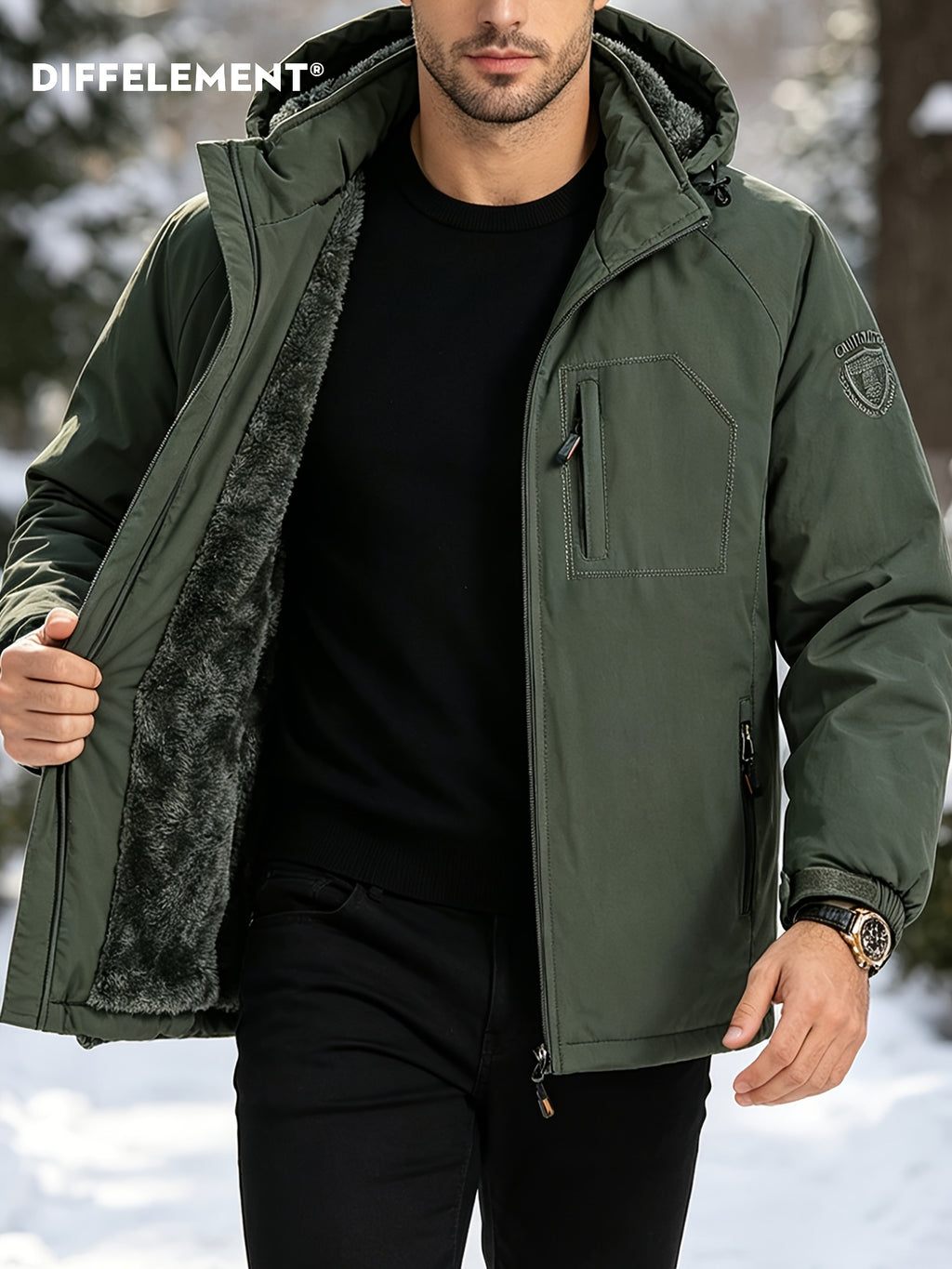 Veste pour homme, coupe-vent, à capuche, vert foncé