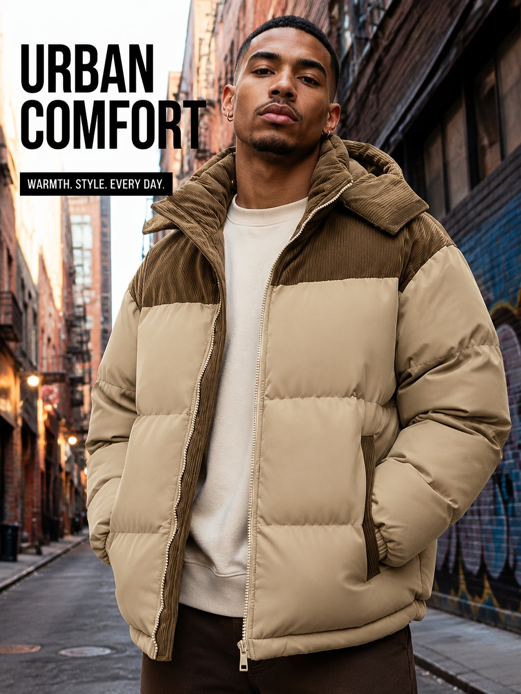 Manteau matelassé pour homme, velours côtelé, à capuche