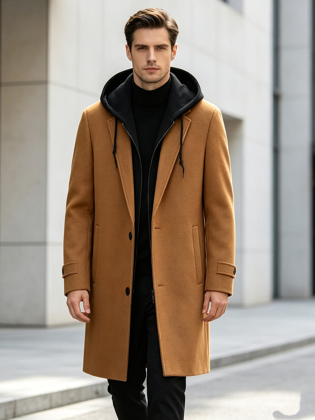 Manteau trench en velours pour homme, 30 % laine, capuche amovible