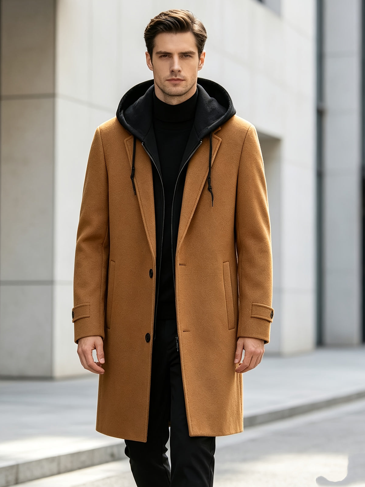 Manteau trench en velours pour homme, 30 % laine, capuche amovible