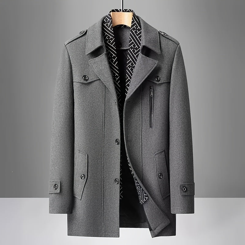 Manteau trench en tweed pour homme, 30 % laine, col écharpe détachable