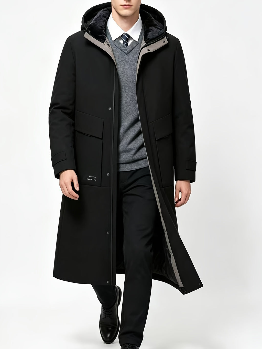 Manteau long pour homme, à capuche, gris clair