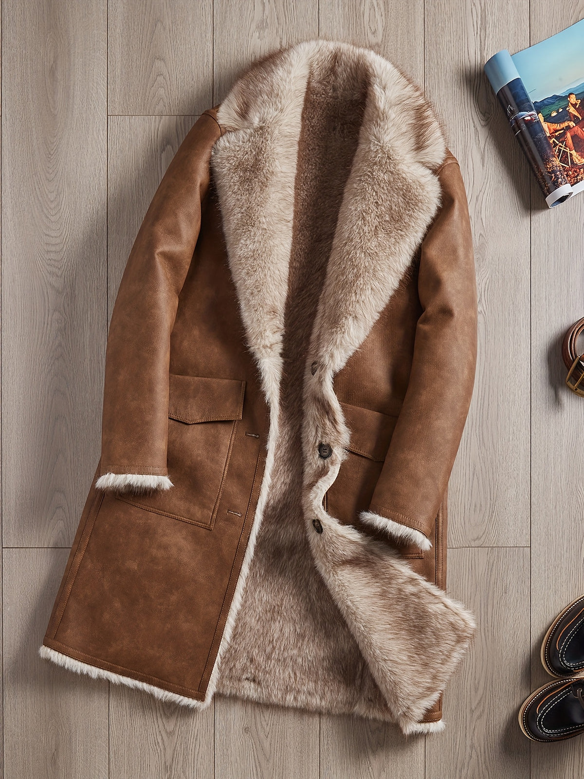 Manteau en fausse fourrure long pour homme, à revers, jaune marron