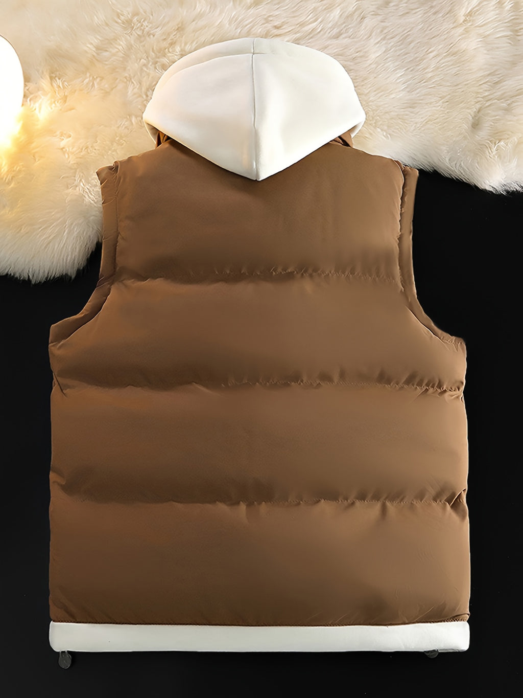 Gilet d'hiver chaud, design tendance sans manches aspect 2-en-1, capuche à cordon de serrage réglable, fermeture avant double ouverture par boutons-pression et fermeture éclair, poche de rangement pratique à insertion latérale, détails de bordu, photo 22