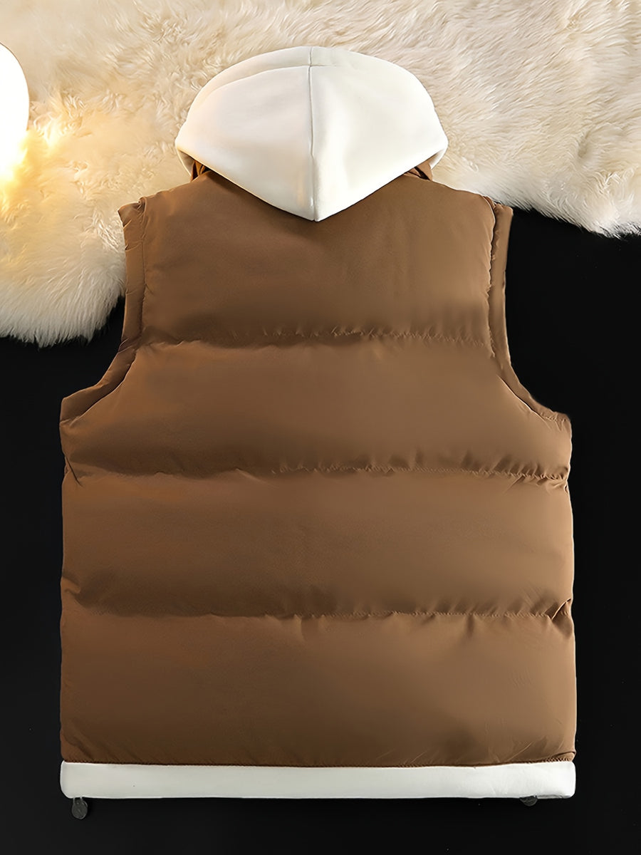 Gilet d'hiver chaud, design tendance sans manches aspect 2-en-1, capuche à cordon de serrage réglable, fermeture avant double ouverture par boutons-pression et fermeture éclair, poche de rangement pratique à insertion latérale, détails de bordu, photo 22