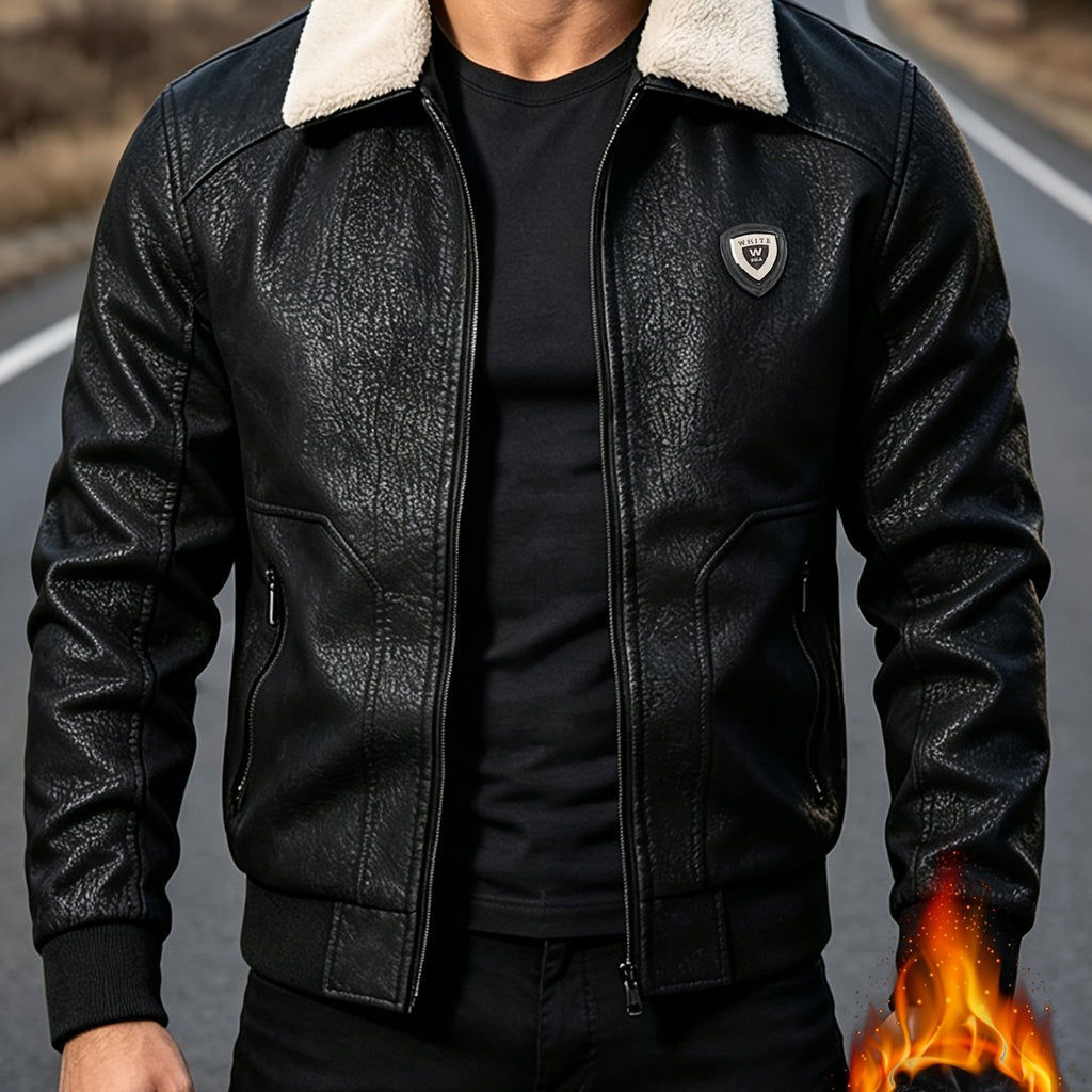 Veste en cuir PU, coupe-vent, à revers, coloris noir, détail