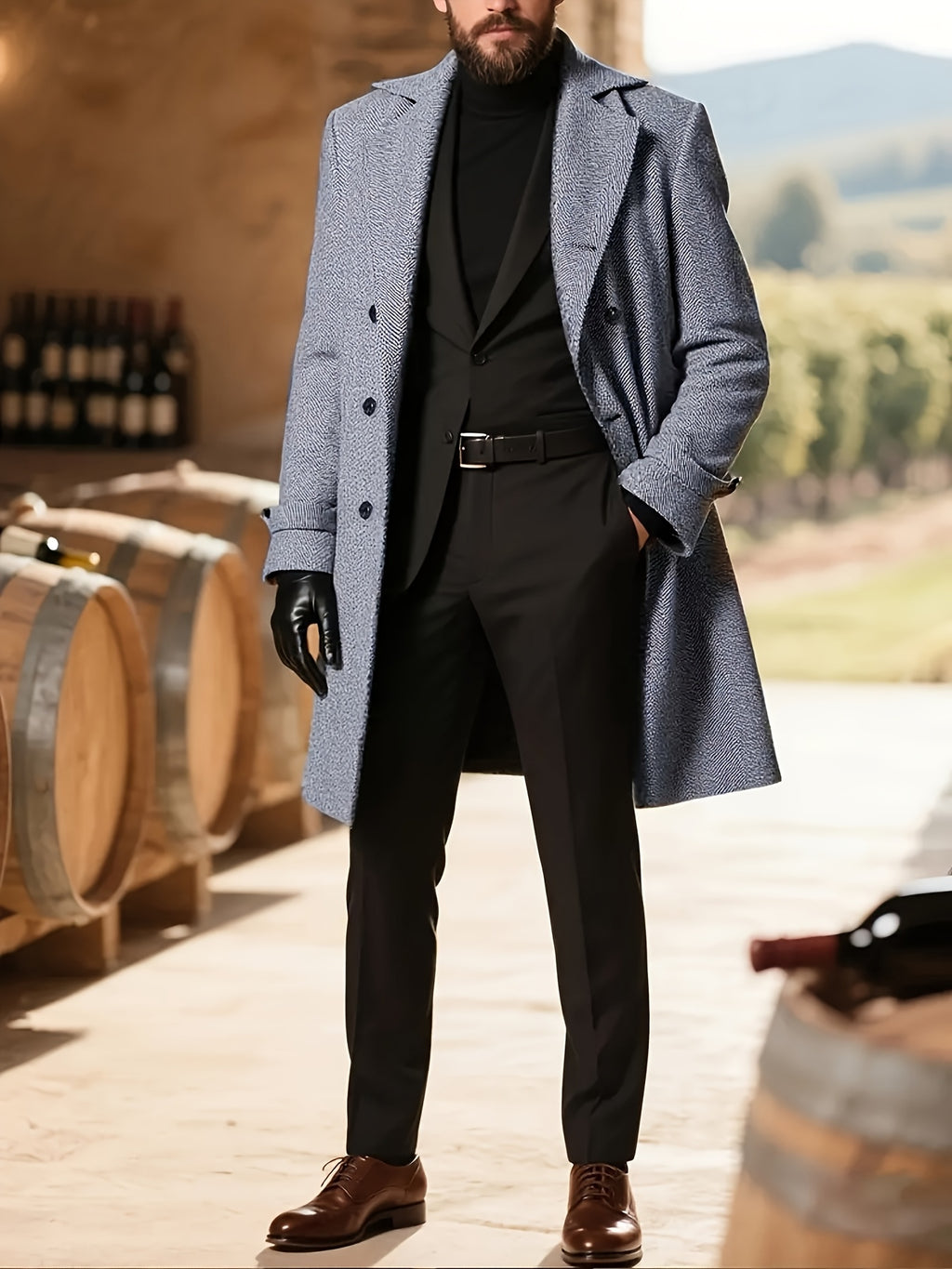 Manteau long pour homme, à revers, gris