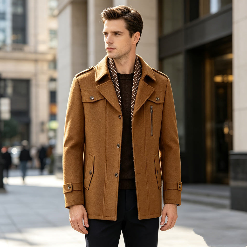 Manteau trench en tweed pour homme, 30 % laine, col écharpe détachable