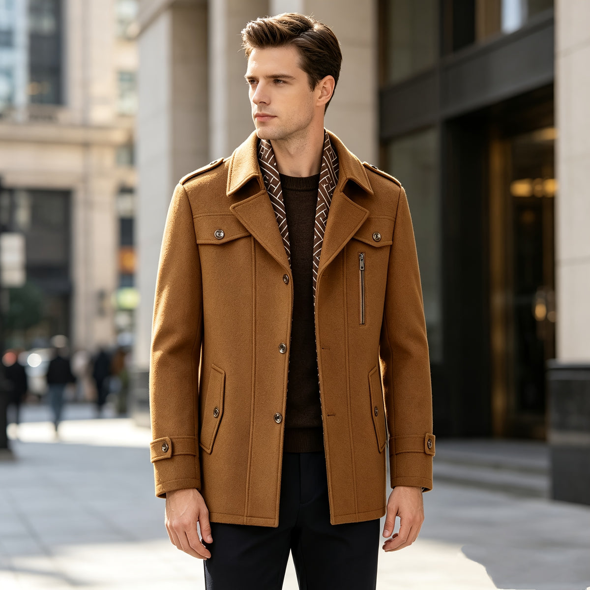 Manteau trench en tweed pour homme, 30 % laine, col écharpe détachable