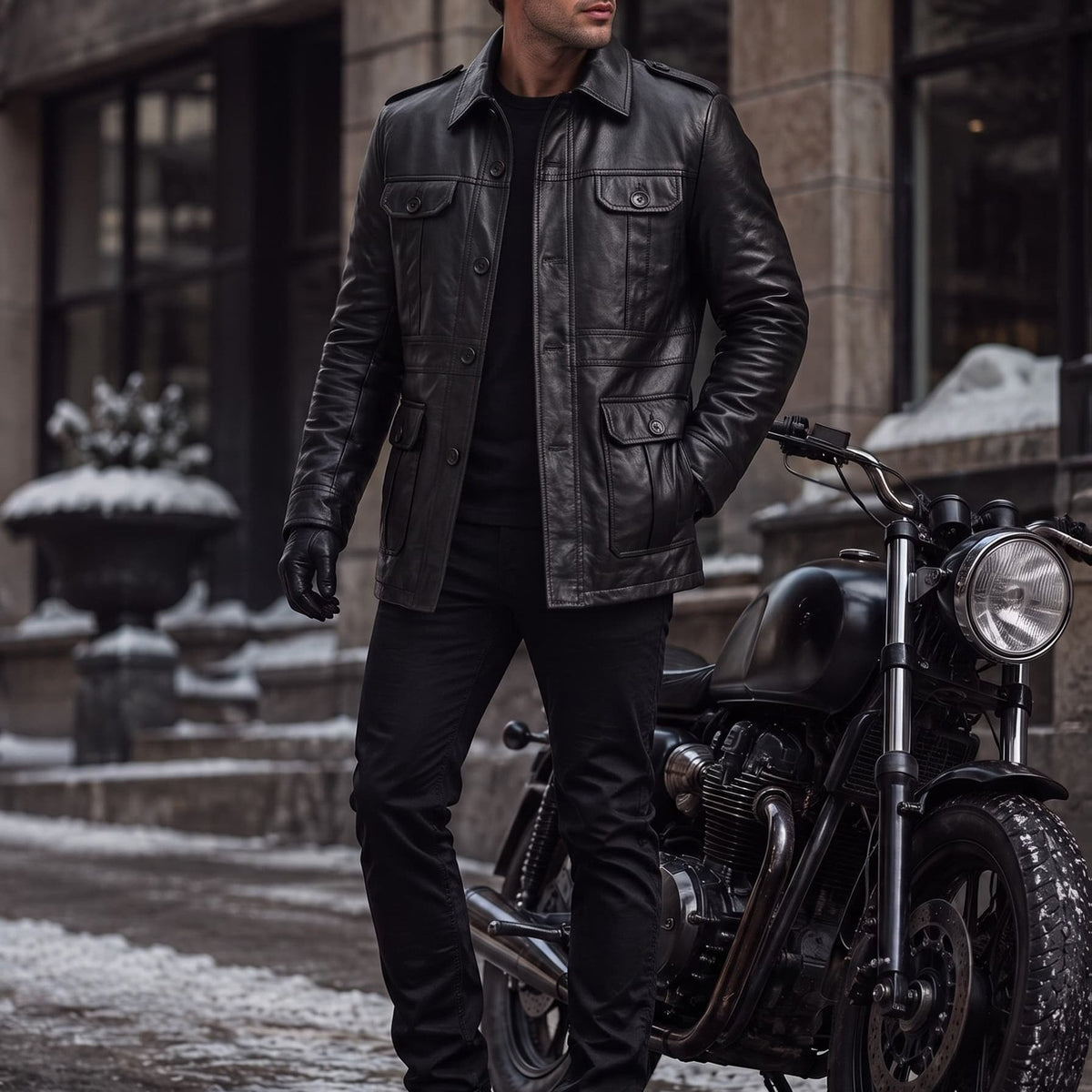 Veste en cuir PU longue, à revers, coloris noir Image