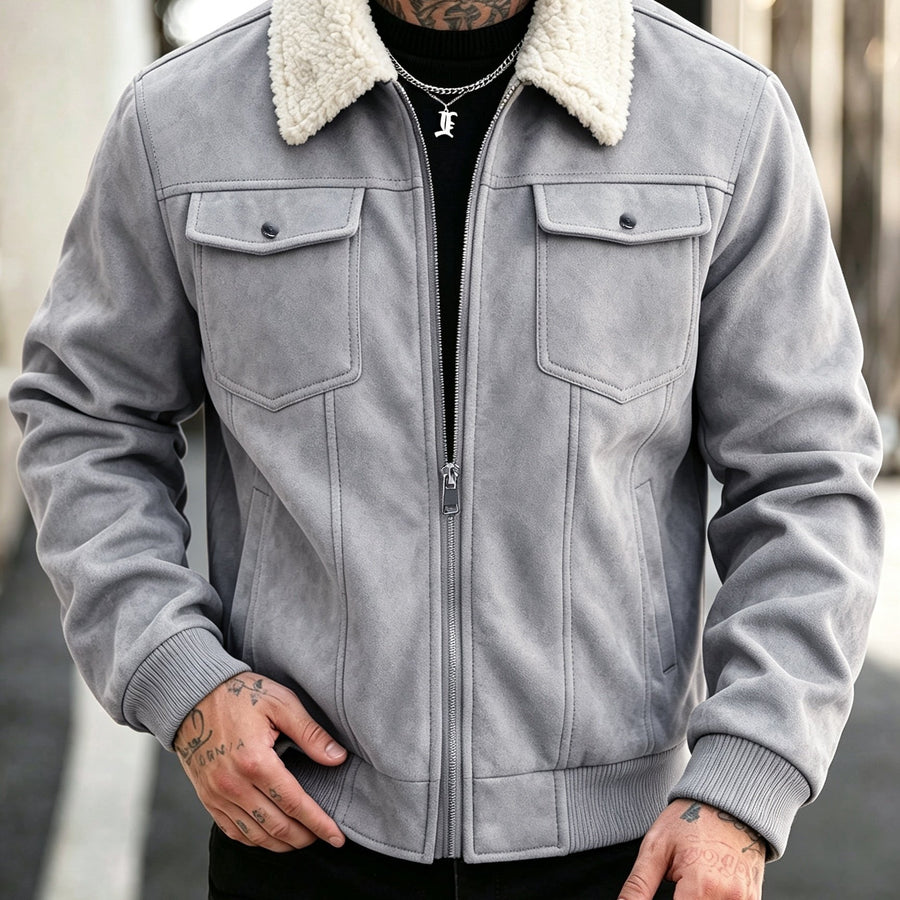 Veste long, velours, à revers, coloris gris clair, détail