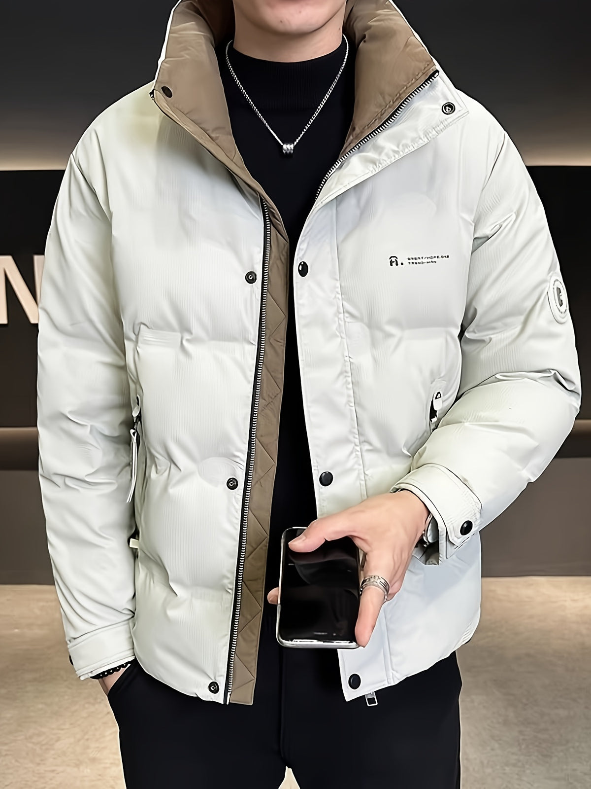 Manteau pour homme, à col montant, gris clair