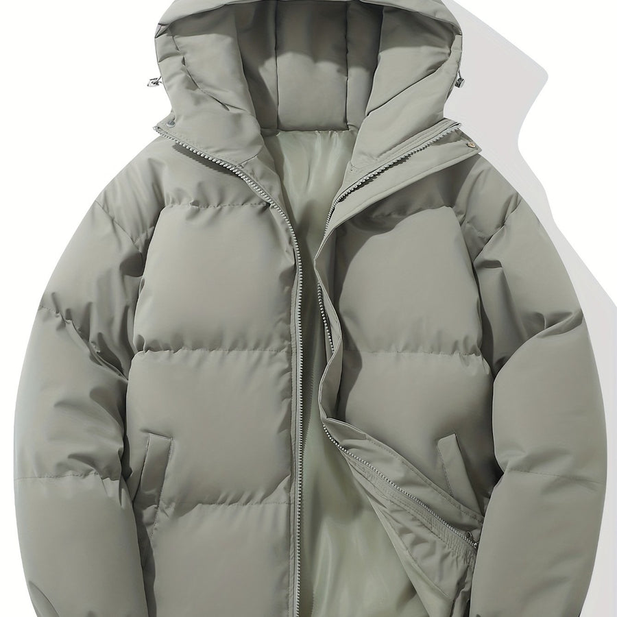 Manteau d'hiver à capuche épais, coloris gris vert, détail