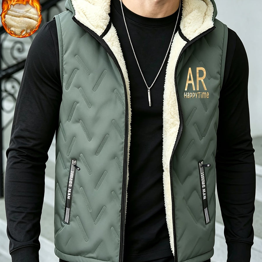 Gilet épais sans manches à capuche doublé, tendance automne/hiver, vêtement d'extérieur chaud, cardigan à capuche zippé à la mode et polyvalent, pour l'extérieur et la randonnée, la course et le fitness, les voyages et le sport, cade, coloris vert, détail