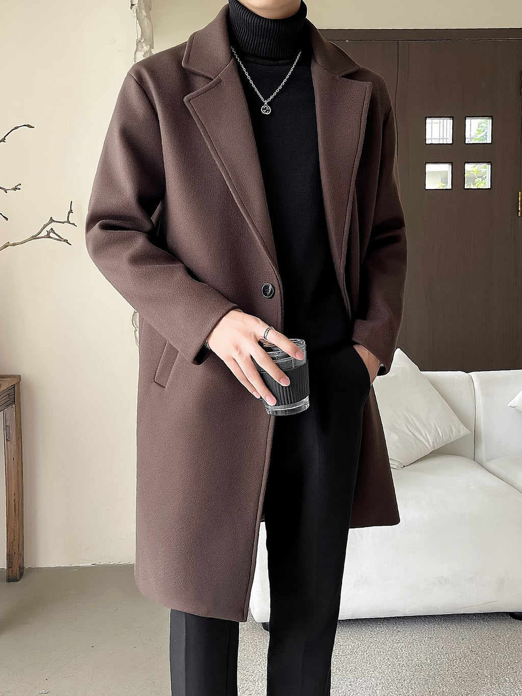 Trench mi-long pour homme, à revers, café