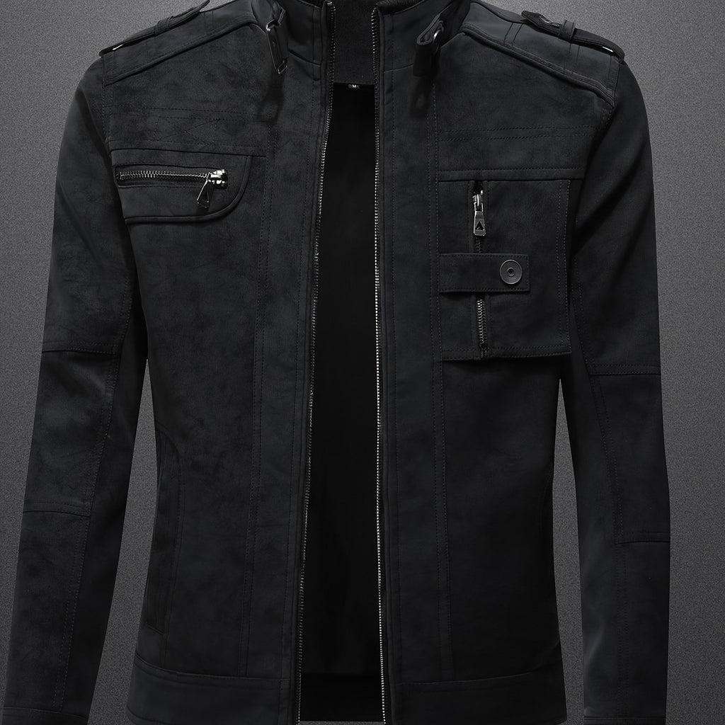 Veste en cuir PU, à col montant, noir, coloris noir, détail