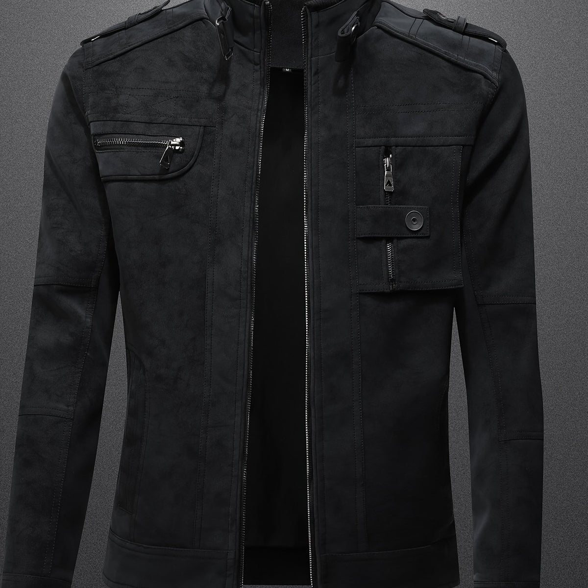 Veste en cuir PU, à col montant, noir, coloris noir, détail Image