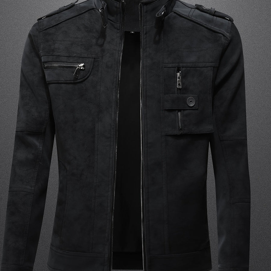 Veste en cuir PU, à col montant, noir, coloris noir, détail