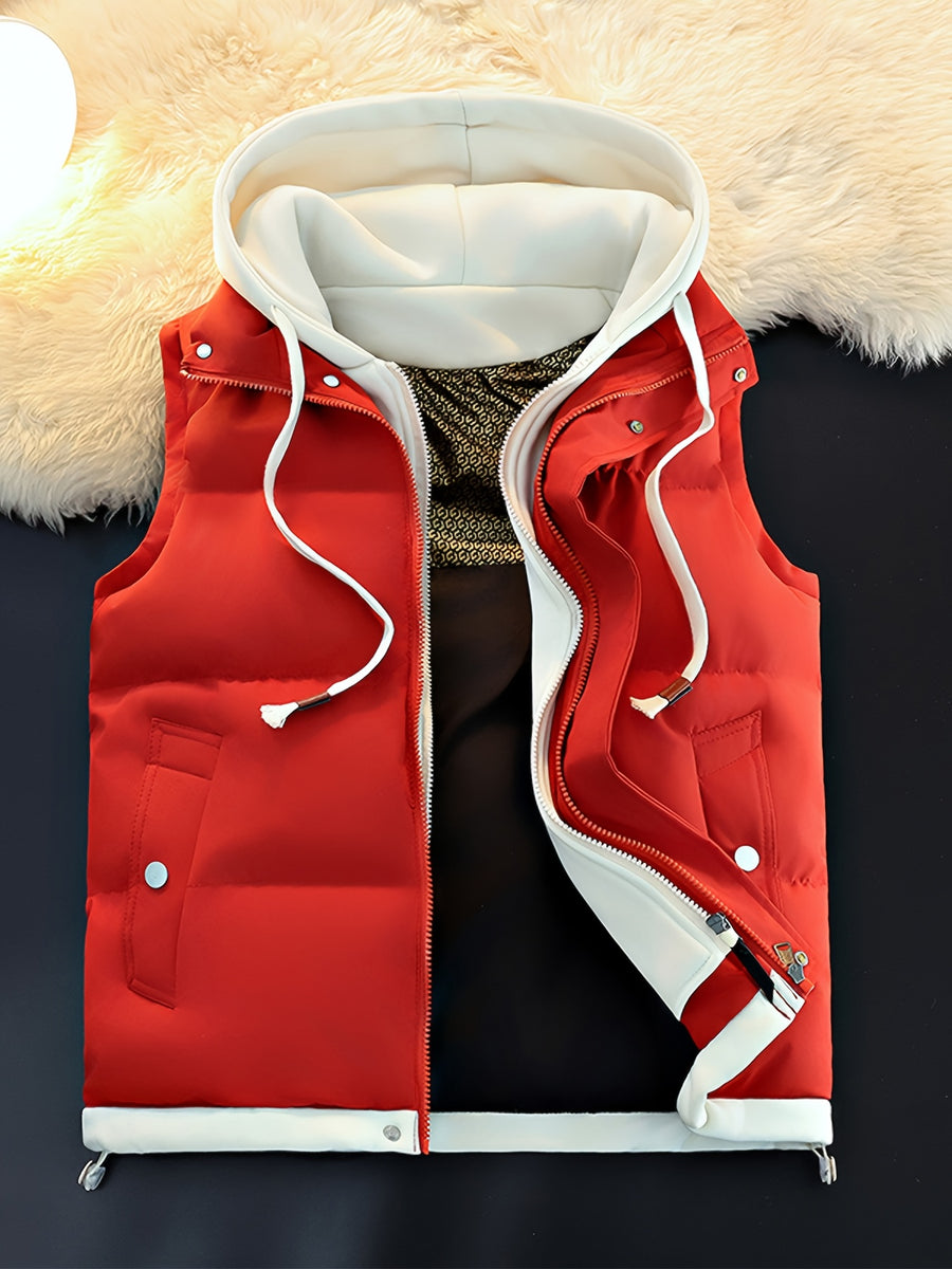Gilet d'hiver chaud, design tendance sans manches aspect 2-en-1, capuche à cordon de serrage réglable, fermeture avant double ouverture par boutons-pression et fermeture éclair, poche de rangement pratique à insertion latérale, détails de bordu, détail du vêtement