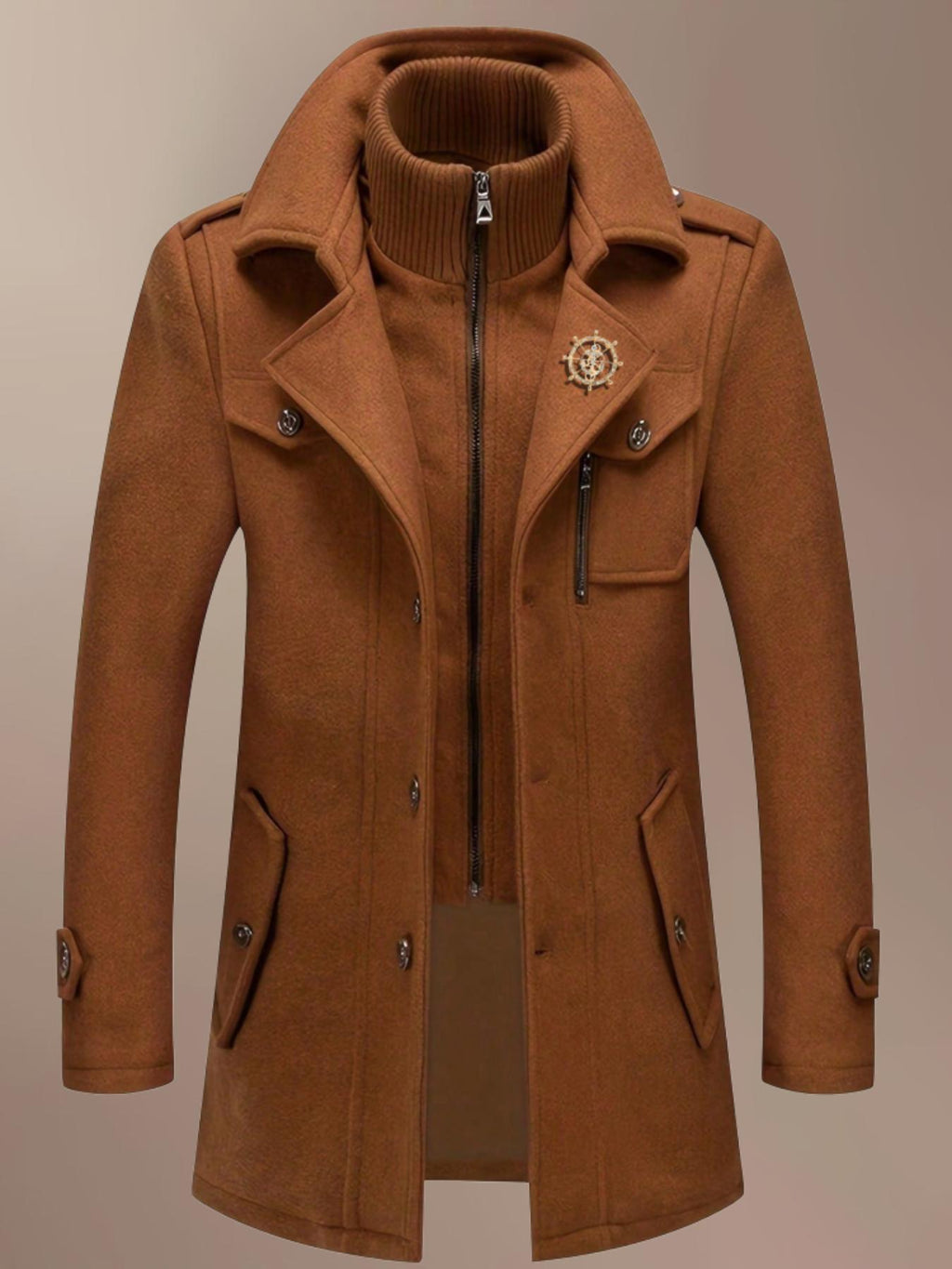 Manteau mi-long en laine pour homme, double col, fermeture éclair