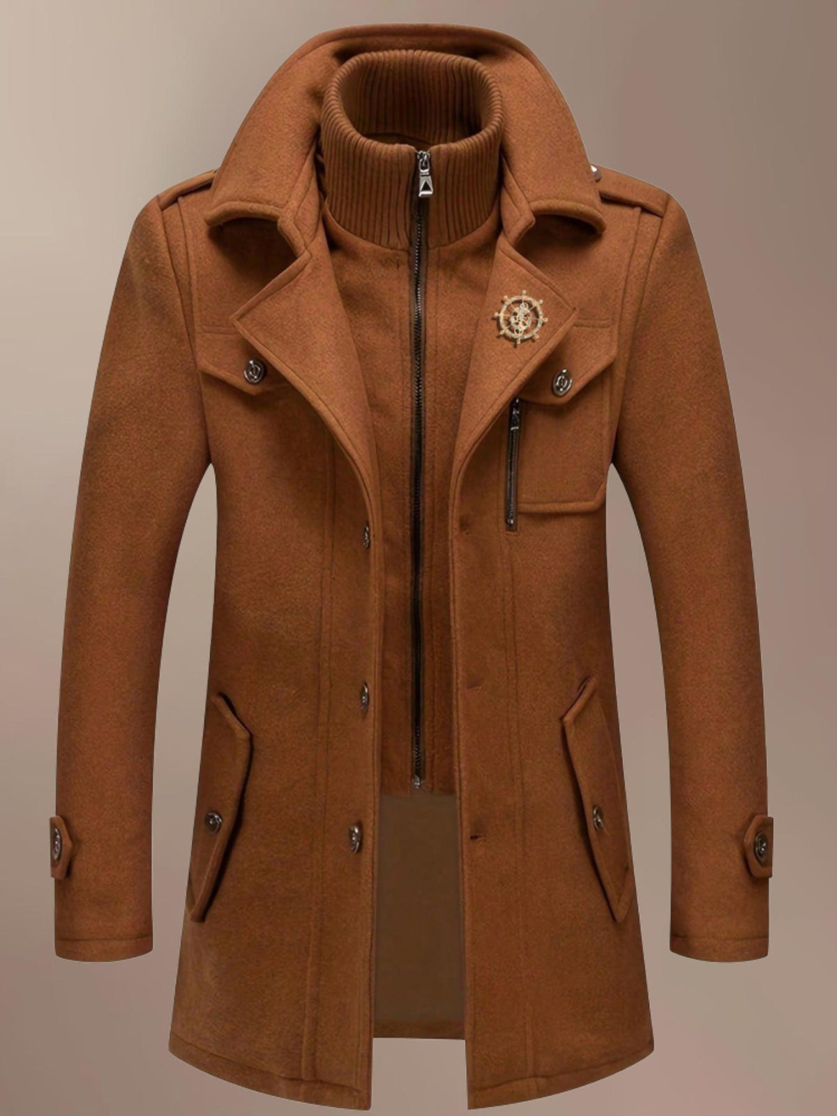 Manteau mi-long en laine pour homme, double col, fermeture éclair