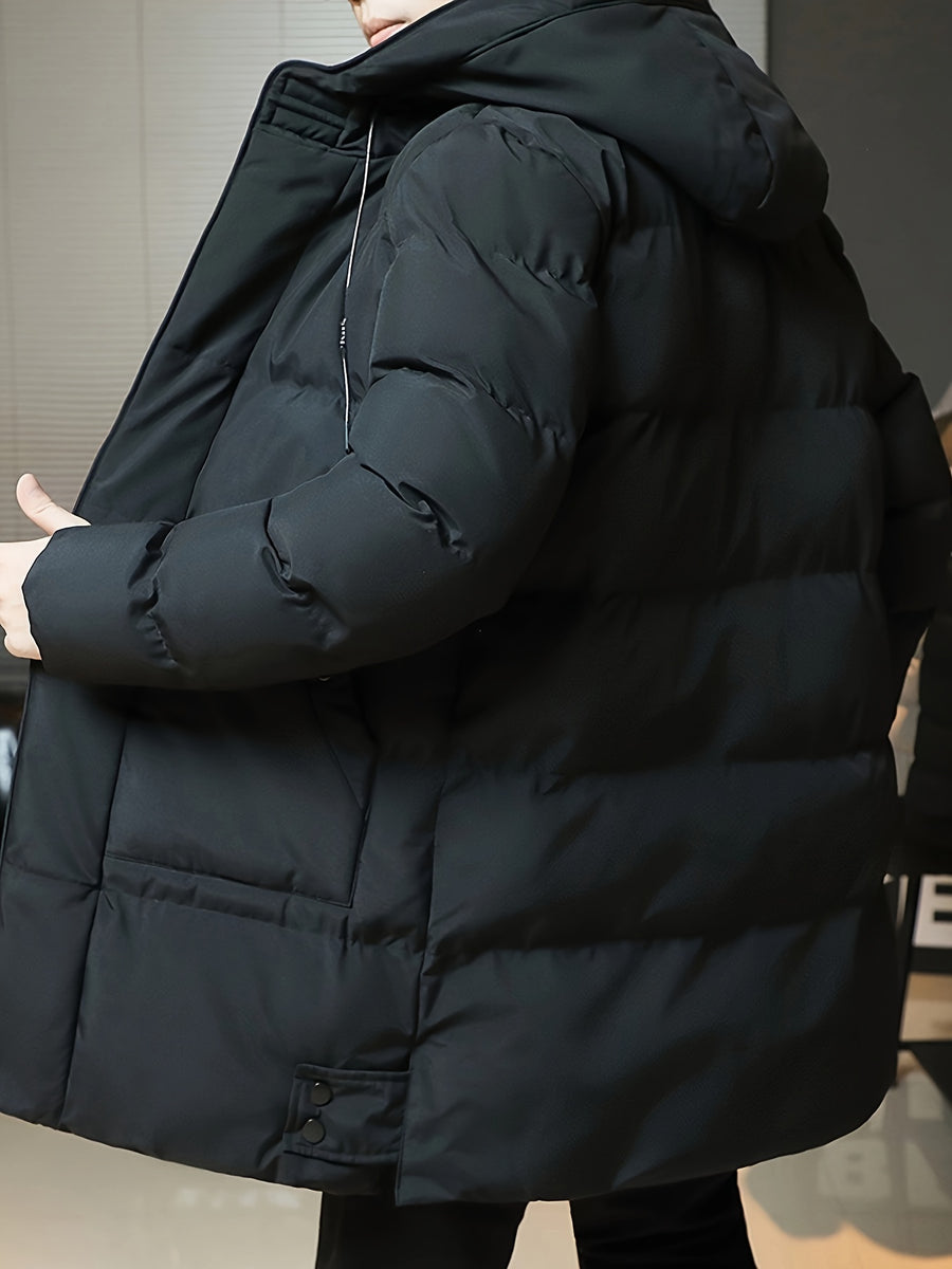 Manteau matelassé long, à capuche, fermeture éclair et boutonnage