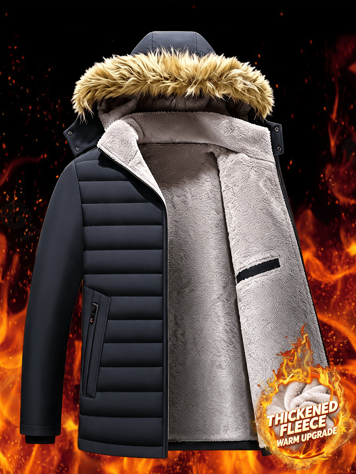 Veste en fausse fourrure pour homme, polaire, à capuche, noir