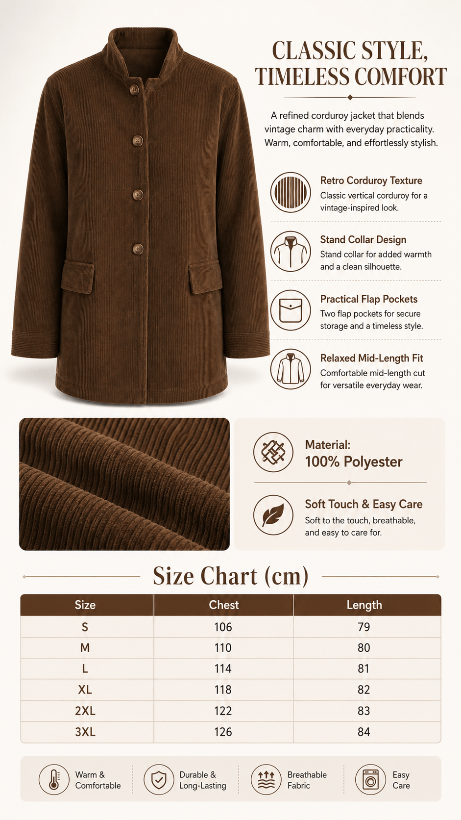 Manteau pour homme, velours côtelé, à col montant